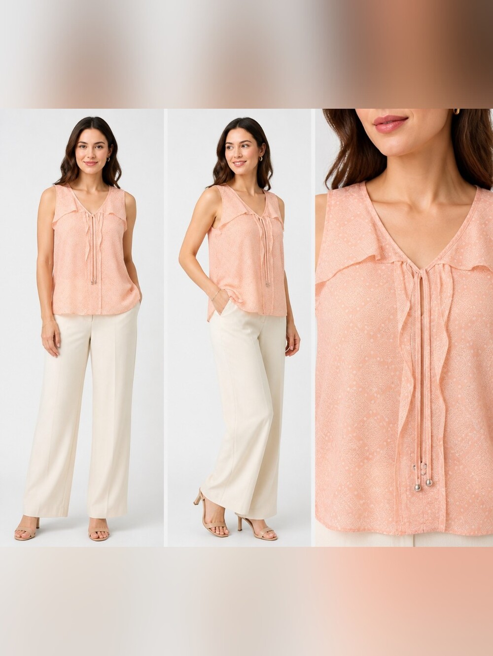 Women's Rose & Olive Peach & Cream Pattern Sleeveless Blouse - Sz XL